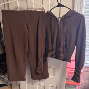 Pink Rose Brown Knit Pants and Hoodie Set